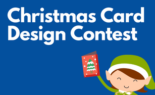 Blue background with green elf holding up a red Christmas card with the words Christmas Card Design Contest